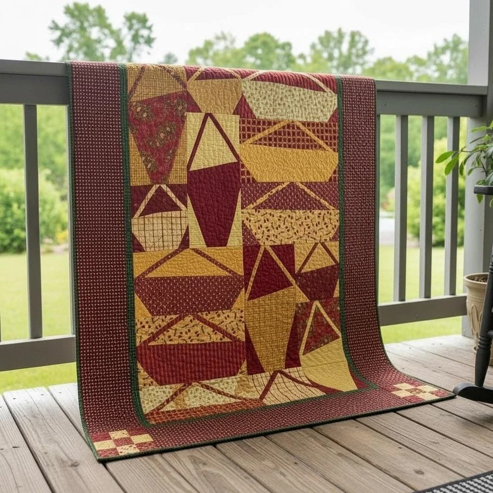 Handmade‎ Patchwork Quilt 42x56 Primitive Country Throw Burgundy Gold